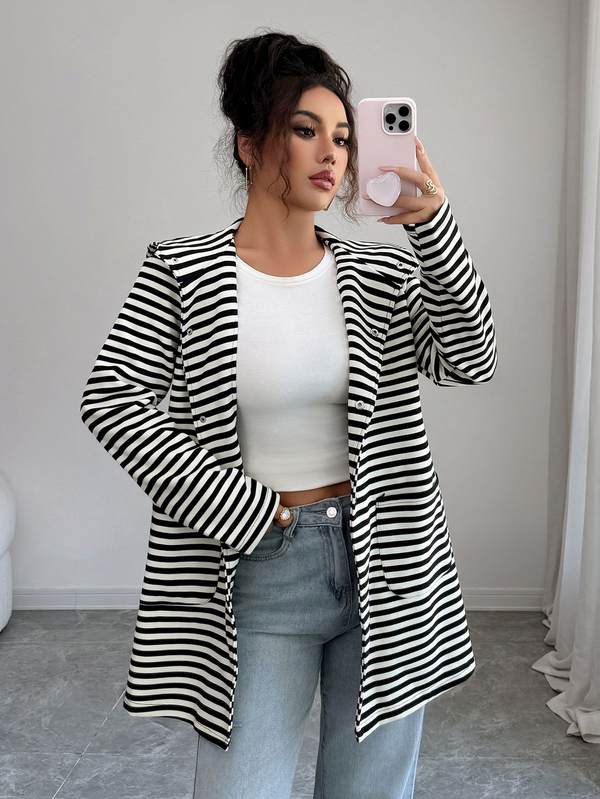 Women's Striped Long Sleeve Trench Coat – Casual Travel Jacket, Polyester Knit, Black (S-Xl) – Fall/Winter Outerwear_ecoleips.com