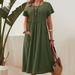 Women's Casual Short Sleeve Dress With Pocket - Solid Color Round Neck Cotton Linen Blend Midi Dress_ecoleips.com