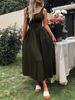 Square Neck Midi Dress With Pleated Skirt – Elegant A-Line Summer Dress For Women (S-XL) | Stretchy Polyester Casual & Office Wear_ecoleips.com