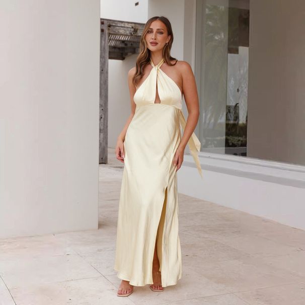 2025 Cross-Border European And American Spring Summer New Women's Sexy Waist-Cinching Halter Neck Slit Long Satin_ecoleips.com