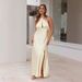 Women's Clothing Sexy Waist Halter Neck Slit Long Satin Sleeveless Dress Women_ecoleips.com