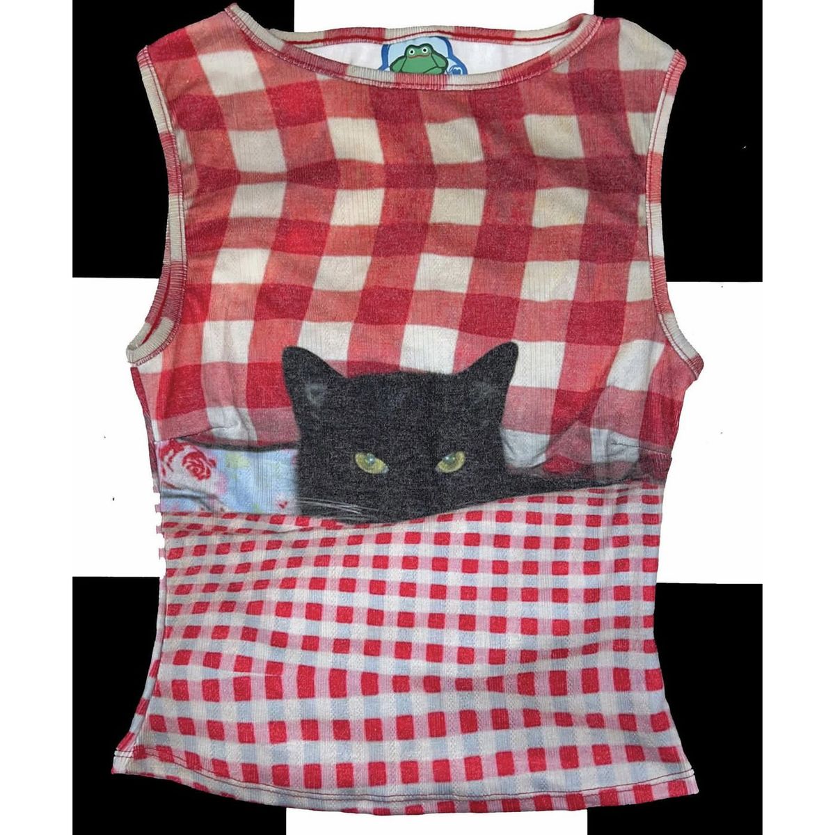 Vintage French Y2k Millennium Hot Girl Red Checkered Black Cat Printed Slimming Tank Top Strap_ecoleips.com