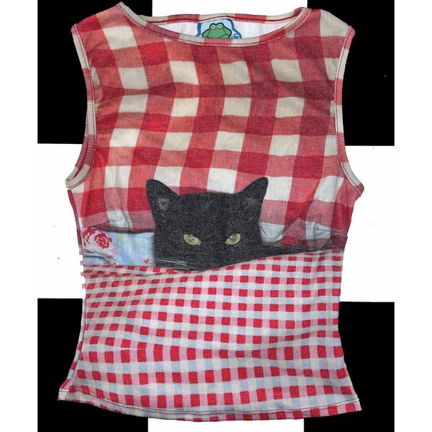 European And American Vintage Retro French Y2K Millennium Hot Girl Red Plaid Black Cat Print Slim-fit Tank Top_ecoleips.com