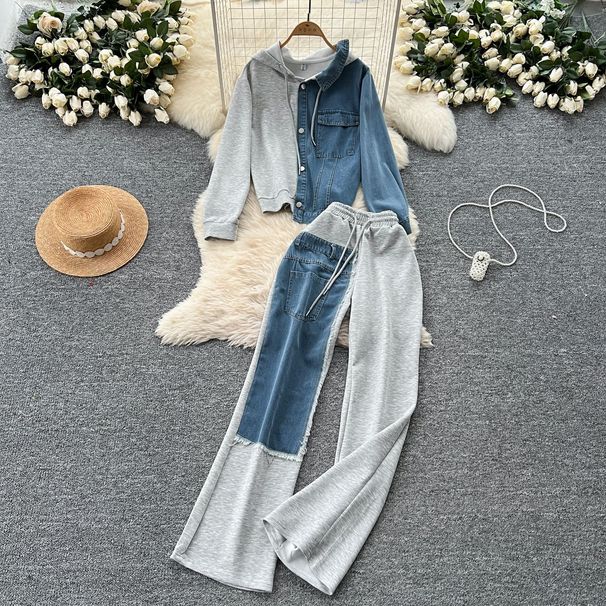 Casual Suit For Women Fashionable Design Splicing Hooded Sweatshirt High Waist Denim Splicing Wide Leg Pants Two Piece Set_ecoleips.com