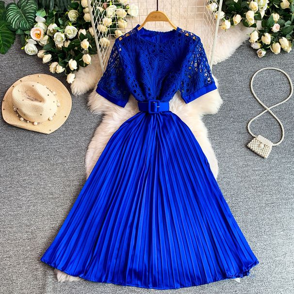 Elegant French Style Lace Trimmed round Neck Dress for Women Slimming Flattering Pleated Maxi Skirt Perfect for Summer_ecoleips.com