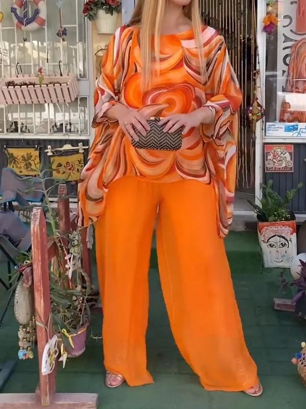 Women's Clothing New Color Chiffon Suit Casual Round Neck Printed Two Piece Suit_ecoleips.com