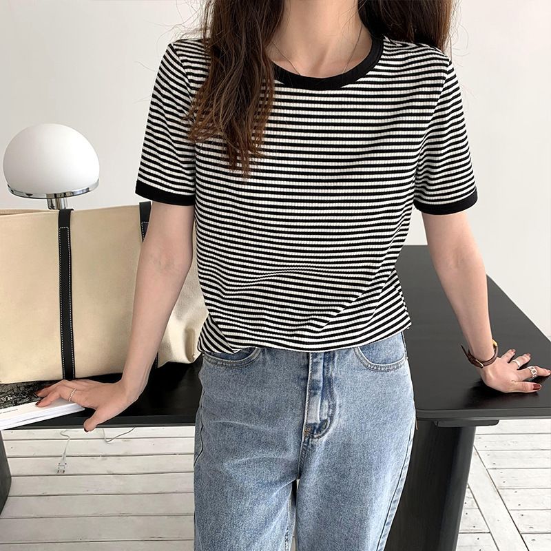 Wholesale Of Striped Short-Sleeved T-Shirts For Women In Summer, Loose Round-Neck Half-Sleeved Casual T-Shirts And Tops_ecoleips.com