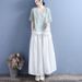 Summer Cotton And Linen V-Neck Short-Sleeved Top Women's Color-Matching Edge Fake Slant Placket Double Button Chinese St_ecoleips.com
