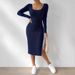 Autumn And Winter New European And American Square Collar Long-sleeved Hem Slit Jacquard Polished Dress Women_ecoleips.com