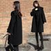 Autumn And Winter Black Medium And Long Navy Collar Woolen Coat For Women, Loose Large Size Hepburn Wind Horn Buckle Woolen Coat For Women_ecoleips.com