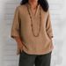 Women's Clothing V Neck Three Quarter Sleeve Cotton And Linen Loose Casual Shirt_ecoleips.com
