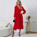Aria Basics Aria Basics 2026 New Women's Long Sleeve Slim Pleated Belt V-Neck Dress Cross-Border A-Line_ecoleips.com