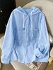 Plus Size Women's Long Sleeved Shirt Soft Light Blue And White Horizontal Stripes Casual Office Top_ecoleips.com