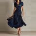 2026 Summer Short Sleeved High Waist Robe Dress Elegant Pleated Party Long Dresses Retro Solid Color Lapel Swing Commuting Dress_ecoleips.com