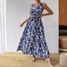 New 2026 Elegant Women's French Resort Style Printed Dress V Neck Maxi Tie Waist European American Cross Border Elegance_ecoleips.com