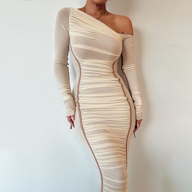Fashion Women Long Maxi Dress Sexy Sheer Mesh Patchwork Asymmetrical Neck Off Shoulder Elegant Slimming Bodycon Long Dress_ecoleips.com