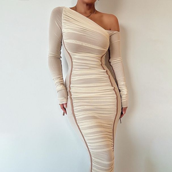 Fashion Women Long Maxi Dress Sexy Sheer Mesh Patchwork Asymmetrical Neck Off Shoulder Elegant Slimming Bodycon Long Dress_ecoleips.com