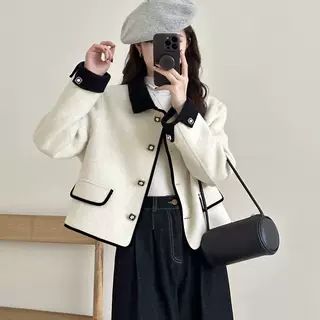 Elegant Tweed Short Coat For Women 2025 Spring New Style With Turn-down Collar, Petite Size, High-end Cardigan Top_ecoleips.com
