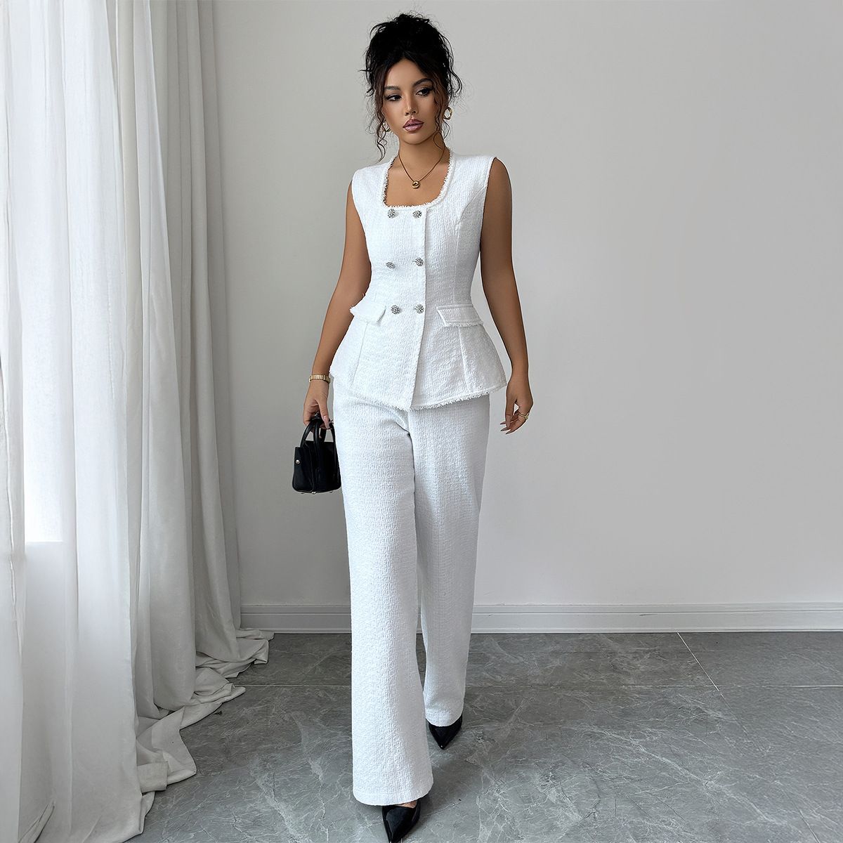Elegant Square Neck Button-Down Vest & Wide-Leg Pants Set For Women - Premium Stretch Polyester Blend Womensuit (S-XL)_ecoleips.com