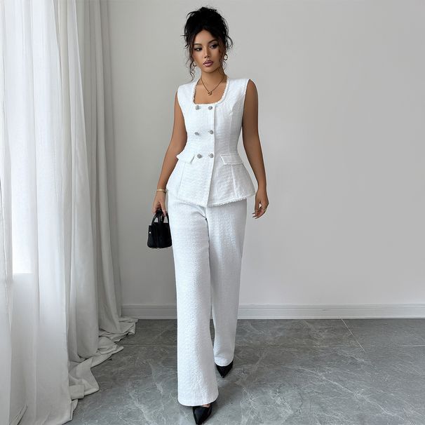 Elegant Square Neck Button-Down Vest & Wide-Leg Pants Set For Women - Premium Stretch Polyester Blend Womensuit (S-XL)_ecoleips.com