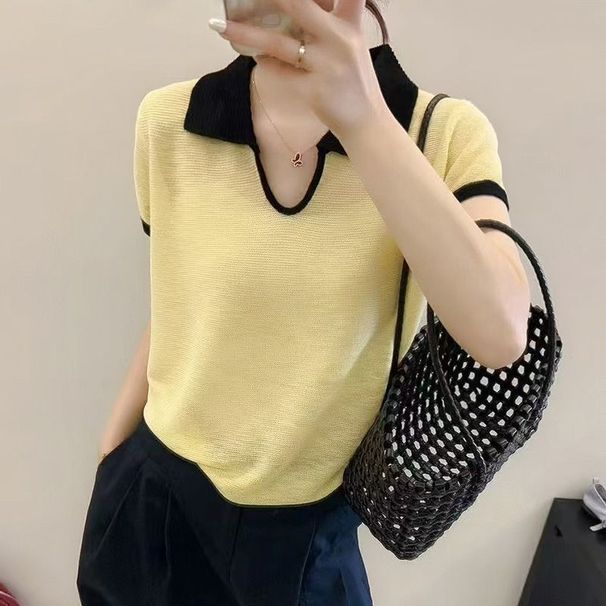 Korean Style Women's Oversized Casual Polo Collar T-Shirt Short Sleeve Contrast Color Knit Top_ecoleips.com