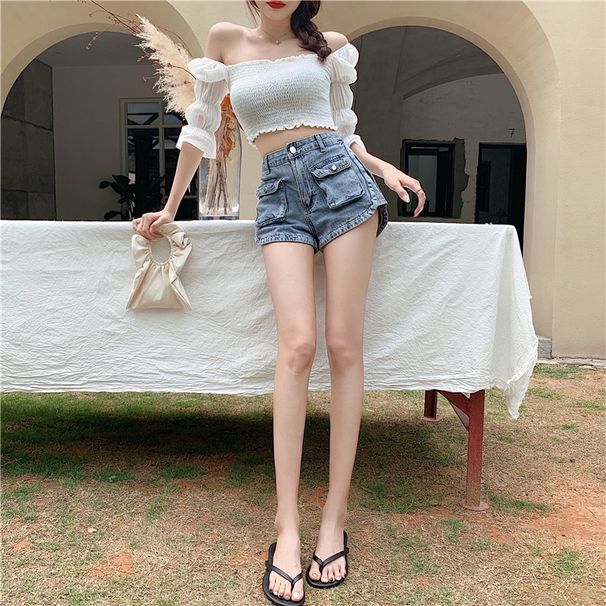 2025s Korean Workwear Denim For Women High Waist Slimming Pocket Hot Pants Gray Loose Wide Leg A-line Shorts Thin_ecoleips.com