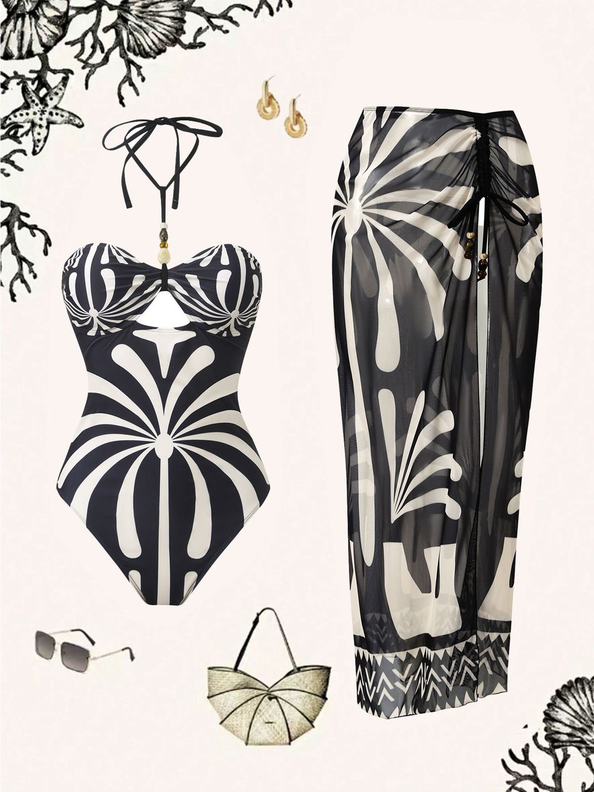 Women's European American Style Printed One Piece Swimsuit Wrap Dress High End Beach Set Popular Two Piece Cross Border_ecoleips.com