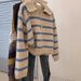 Women's Blue Striped Polo Neck Knit Sweater - Soft & Cozy Oversized Pullover For Autumn Winter, Casual Loose Fit Top For Layering_ecoleips.com
