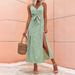 2023 European And American Cross-border Summer New Women's Elegant Strap Dress, Sexy Deep V-neck, Tie-waist, Slit Dress_ecoleips.com