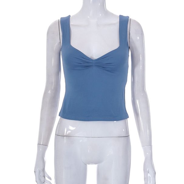 Summer New Style Women's Solid Color Square Neck Suspender Vest Top T-Shirt Backless Pleated European American Cross Border Clothing_ecoleips.com