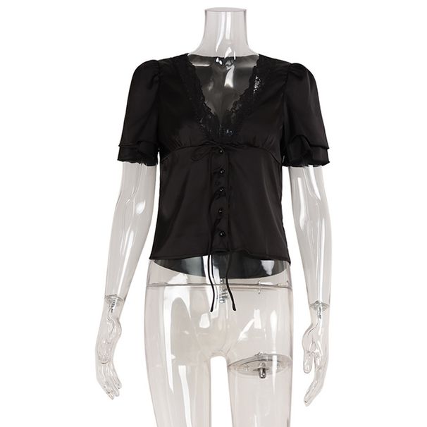 French Style Slim Fit Tie up Lace Patchwork T-Shirt Sexy Short Sleeve Top for Women Summer Alluring Pure Look_ecoleips.com