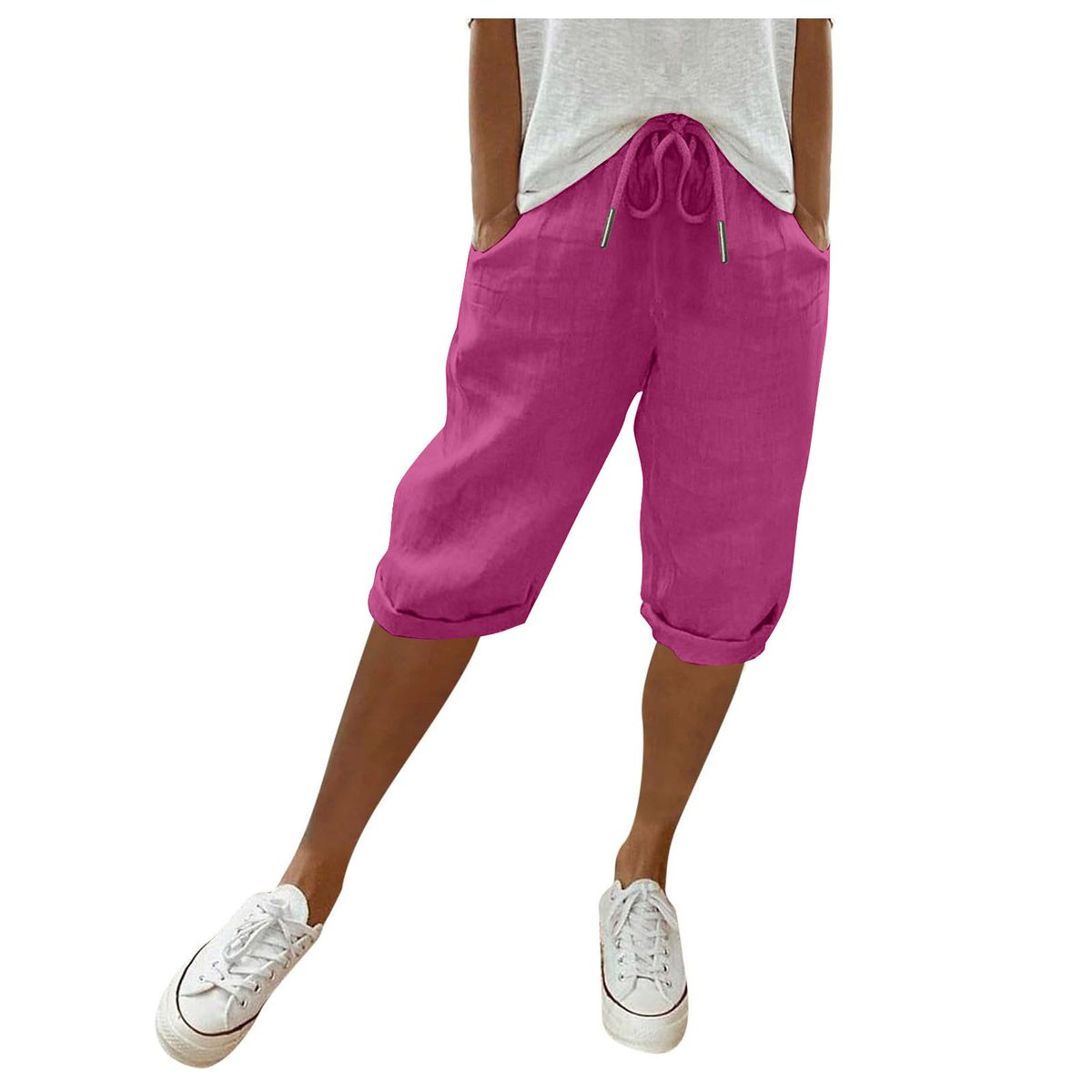 2025s Solid Color Cotton Linen Pocket Elastic Waist Five-Point Women's Casual Summer Shorts_ecoleips.com