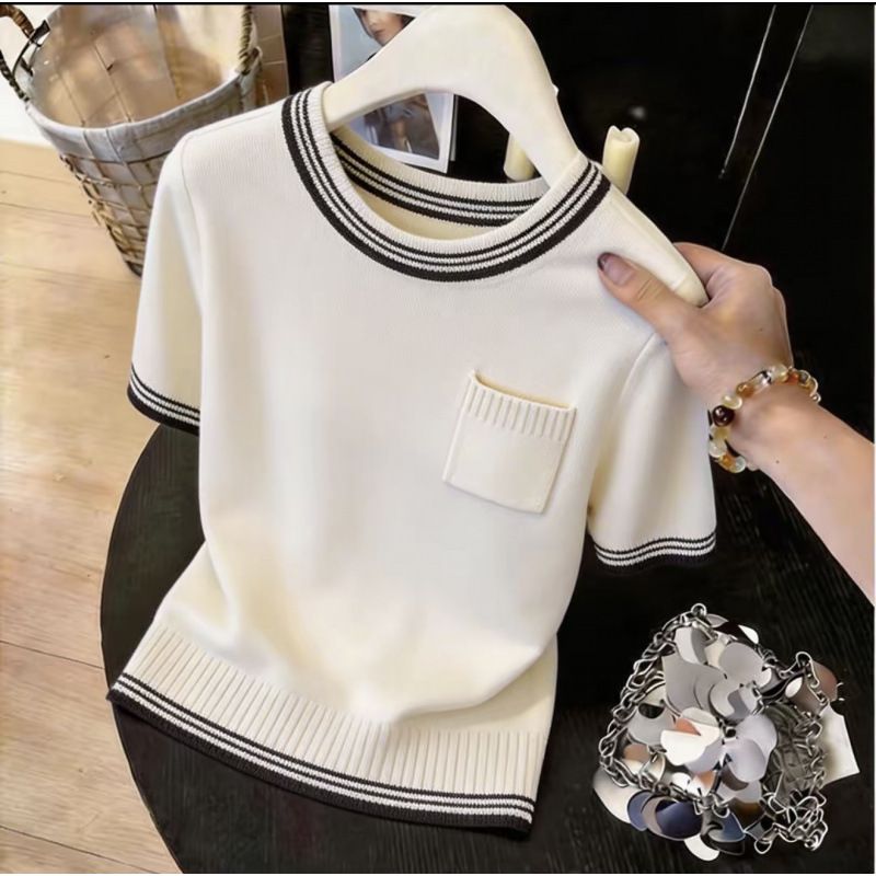 Color Blocked Knit T-Shirt For Women Luxury Design Slimming Top Striped Summer New Style Short Sleeved Loose Fit_ecoleips.com