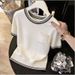 Color Blocked Knit T-Shirt For Women Luxury Design Slimming Top Striped Summer New Style Short Sleeved Loose Fit_ecoleips.com