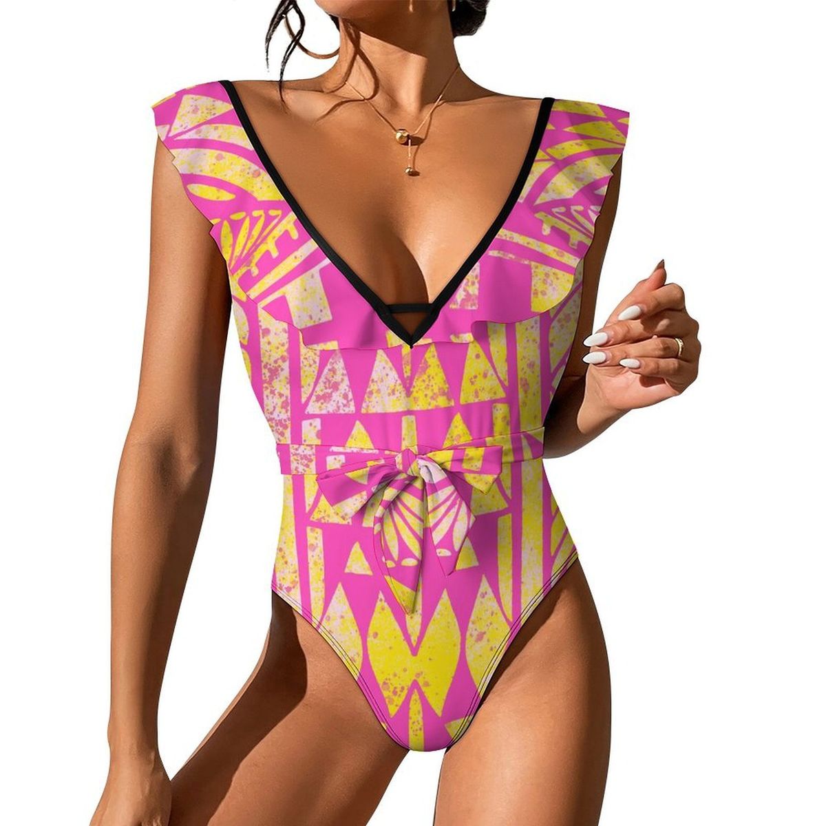 Sexy Vacation Polynesian Jumpsuit New Charming V-Neck Swimsuit Summer Women'S Beach Swimsuit Custom Ethnic Print Jumpsuit_ecoleips.com