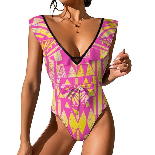 Sexy Vacation Polynesian Jumpsuit New Charming V-Neck Swimsuit Summer Women'S Beach Swimsuit Custom Ethnic Print Jumpsuit_ecoleips.com