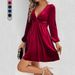 Voya Women's New Sexy V-neck Waist Cinched A-line Skirt Long Sleeved Party Velvet Dress_ecoleips.com
