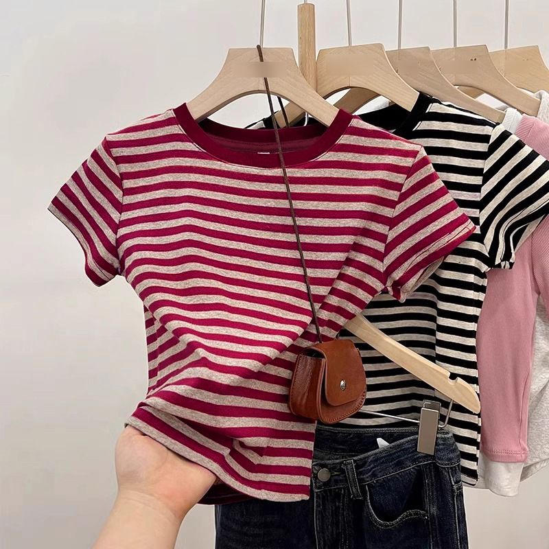 Retro Hong Kong Style Women's T-Shirt Color Blocked Striped Slim Fit Short Sleeve Versatile Top for Spring/Autumn Summer_ecoleips.com