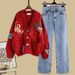 Women's Clothing Autumn Chic College Style Knitted Cardigan With Straight Slim Wide Leg Pants High Waist Jeans_ecoleips.com