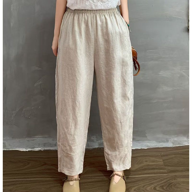 Suitable For All Seasons Solid Color Linen Casual For Women 2025 Summer New Elastic Waist Loose Harem Simple Women's Cropped Pants_ecoleips.com