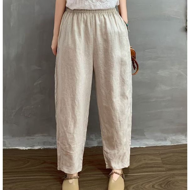Suitable For All Seasons Solid Color Linen Casual For Women 2025 Summer New Elastic Waist Loose Harem Simple Women's Cropped Pants_ecoleips.com