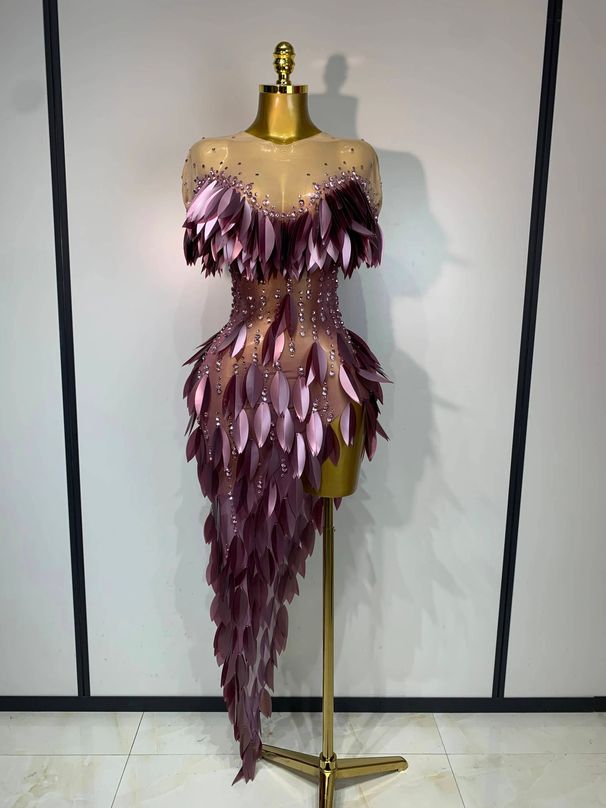 Women Sexy Mesh See Through Diamonds Bodycon Dress Luxury Birthday Evening Party Costume Bar Nightclub Stage Performance Set 6XG_ecoleips.com