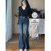 High-Waisted Stretchy Flared Jeans Korean Style with Double Buttons 0.8 Cm Hip Enhancing Padding Butt Lifting Effect Women's Denim_ecoleips.com