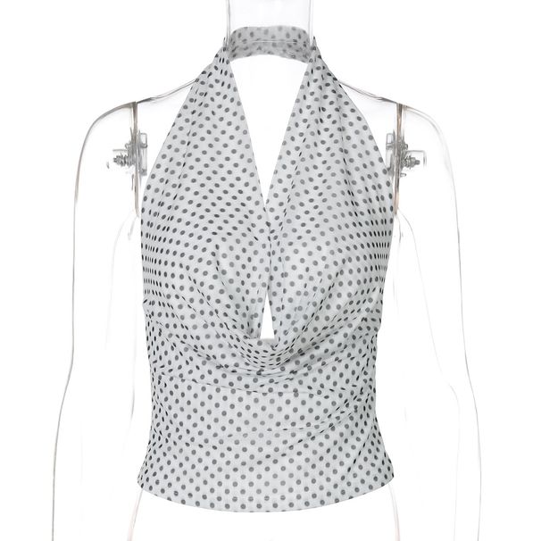 2025 Summer New Sexy Hot Girl Versatile Sleeveless Tight Halter Backless Polka Dot Tank Top Wholesale_ecoleips.com