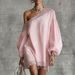 Women's Clothing Summer Lace Trim Off-Shoulder Long Sleeve Casual Top Solid Color_ecoleips.com