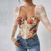 French Retro Fishbone Cross Square Neck Top For Women Long Sleeve Printed Lace Patchwork Sexy Innerwear Hot Girl_ecoleips.com