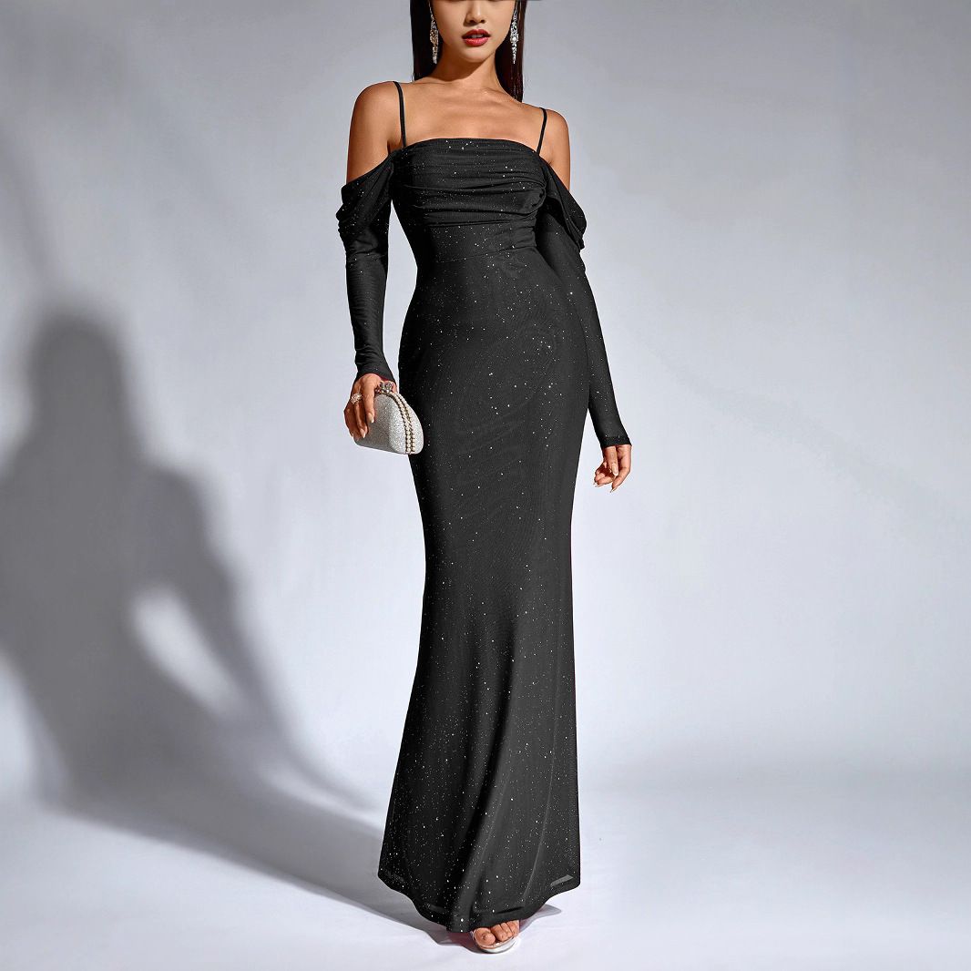 Women's Clothing Autumn Winter European Style Off The Shoulder Dress Elegant Slim Fitting Evening Gown With Powder Sprinkled Mesh_ecoleips.com