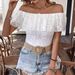 2026 European And American Cross-Border Solid Color Off-Shoulder Ruffle Lace Slim Fit T-Shirt Short Sleeve Top Women's_ecoleips.com