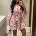 High Waist Lace Up Loose Holiday Mini Dress Elegant Flared Sleeve Pleated A-line Dress Casual V-neck Print Women's Summer Dress_ecoleips.com