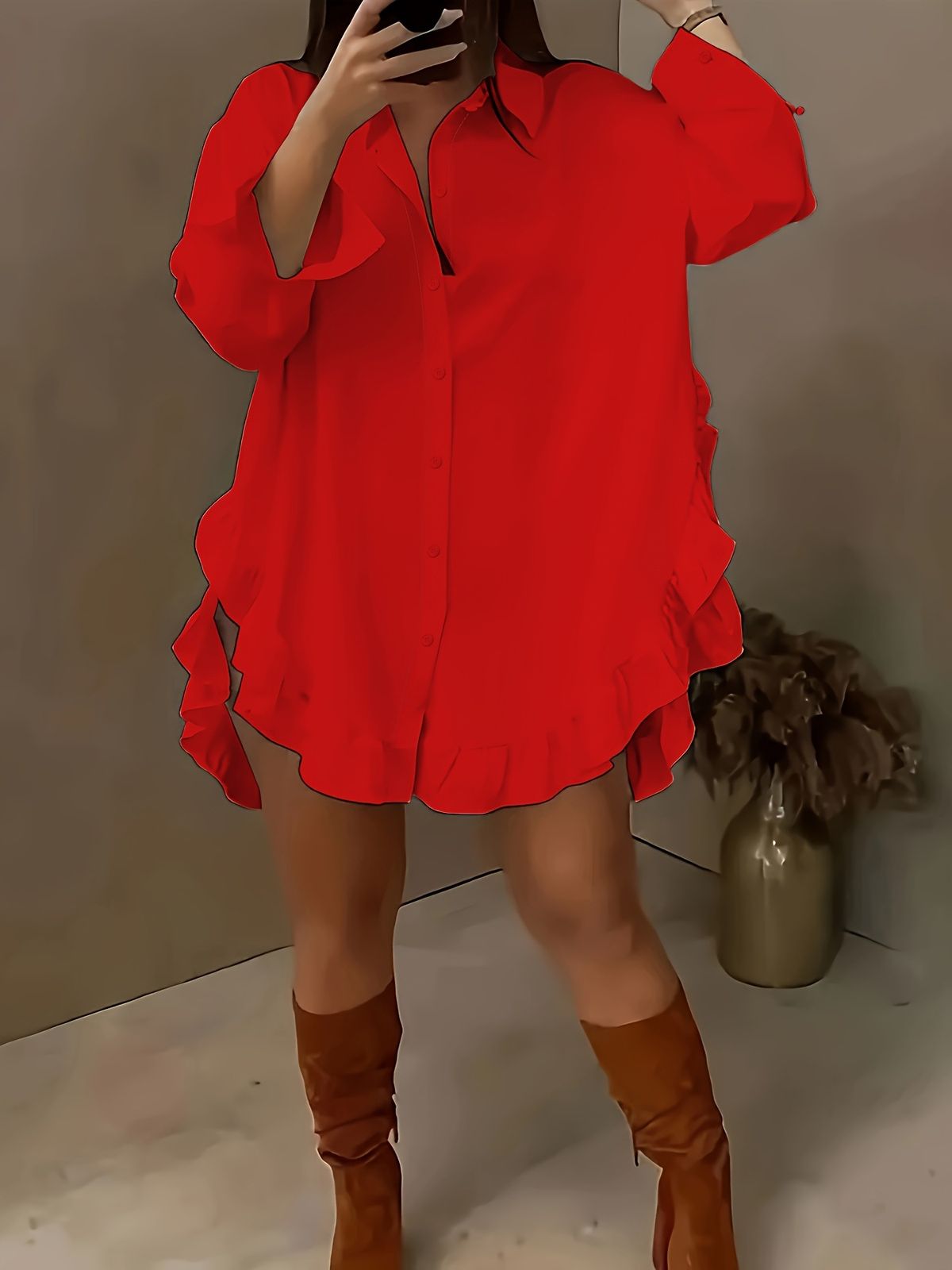 Women's Clothing New Size Women's Solid Color Loose Ruffled Hem Loose Shirt_ecoleips.com